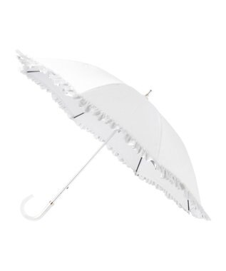 MOONBAT ランバン オン ブルー 晴雨兼用日傘 長傘 ビジュー付きオーガンジーフリル 遮光 遮熱 UV オフホワイト