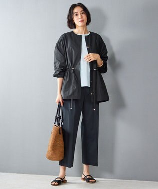 自由区 L 【接触冷感・洗える】コットンサテンストレッチクロップド丈ワイド パンツ ネイビー