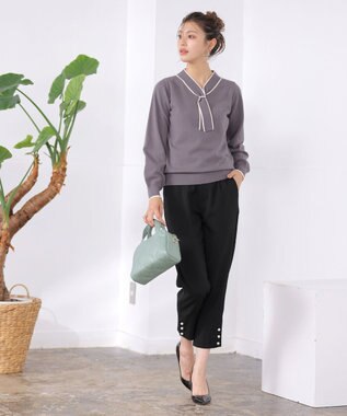 Tiaclasse 【洗える】スリットパールテーパードパンツ ブラック