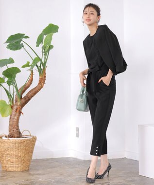 Tiaclasse 【洗える】スリットパールテーパードパンツ ブラック