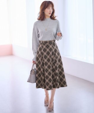 ANY SIS 【洗える】ベルトポイントフレア スカート ブラウン系チェック