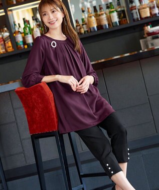 Tiaclasse 【洗える】スリットパールテーパードパンツ ブラック