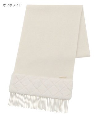 MOONBAT 【WEB限定】フルラ (FURLA)エコファー付きマフラー 無地×キルト風 ウールマフラー ロゴプレート付き オフホワイト