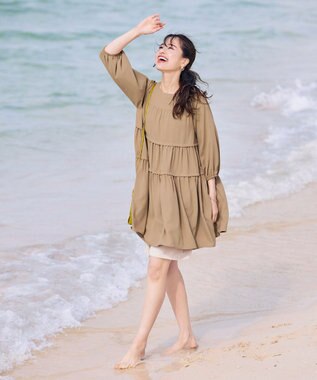 Tiaclasse L 【洗える】ティアードチュニックブラウス ベージュ