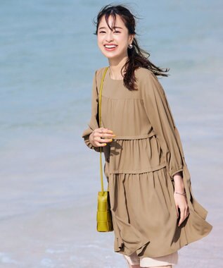 Tiaclasse L 【洗える】ティアードチュニックブラウス ベージュ