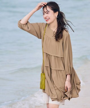 Tiaclasse L 【洗える】ティアードチュニックブラウス ベージュ