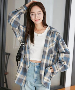 WEGO フードチェックBIGシャツ サックス