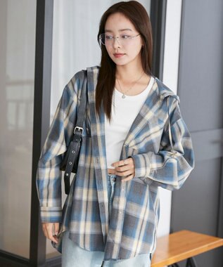 WEGO フードチェックBIGシャツ サックス