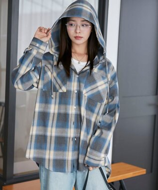 WEGO フードチェックBIGシャツ サックス