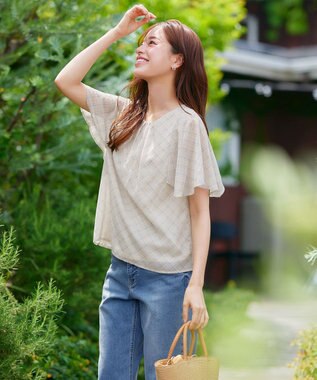 Tiaclasse 【洗える】チェック柄ハンカチスリーブブラウス ベージュ