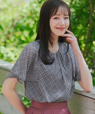 Tiaclasse 【洗える】チェック柄ハンカチスリーブブラウス ブラック