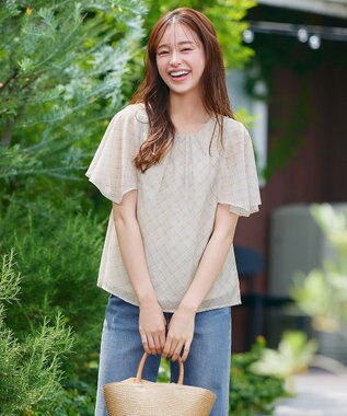 Tiaclasse 【洗える】チェック柄ハンカチスリーブブラウス ベージュ