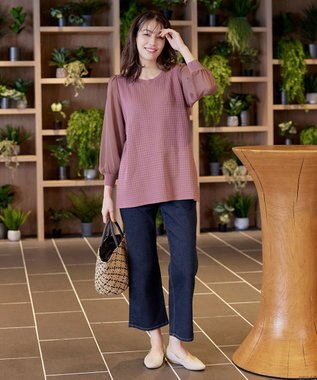 Tiaclasse L 【新色追加・洗える】シアーチェック柄ニットチュニック ピンク