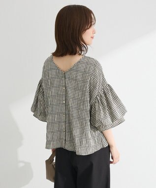 Green Parks 前後２ｗａｙ袖バルーンギンガムチェックブラウス Black