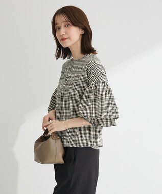 Green Parks 前後２ｗａｙ袖バルーンギンガムチェックブラウス Black