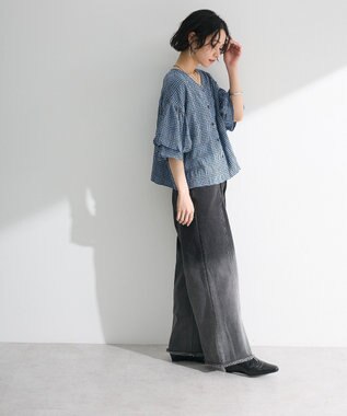 Green Parks 前後２ｗａｙ袖バルーンギンガムチェックブラウス Blue