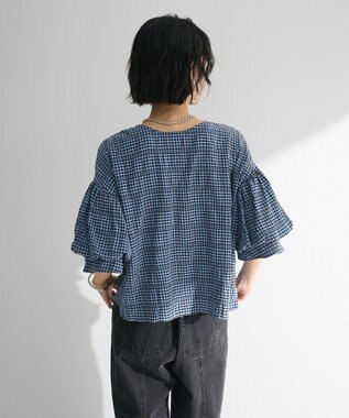 Green Parks 前後２ｗａｙ袖バルーンギンガムチェックブラウス Blue