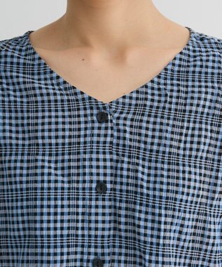 Green Parks 前後２ｗａｙ袖バルーンギンガムチェックブラウス Blue