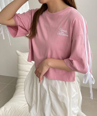 WEGO 2ラインリボングラフィックショートT ピンク