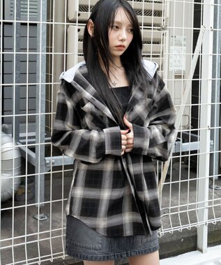 WEGO 裏毛フードチェックシャツ ブラウンチェック1