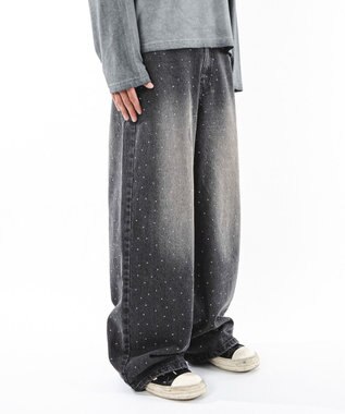 WEGO 【ユニセックス着用ITEM】スーパーバギーラインストーンデニムパンツ デニムブラックソノタ