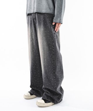 WEGO 【ユニセックス着用ITEM】スーパーバギーラインストーンデニムパンツ デニムブラックソノタ