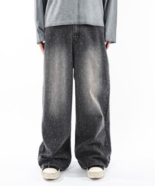 WEGO 【ユニセックス着用ITEM】スーパーバギーラインストーンデニムパンツ デニムブラックソノタ