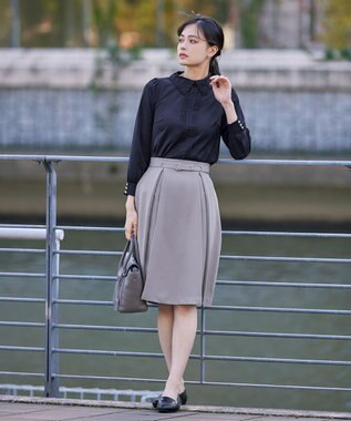 Tiaclasse L 【洗える】襟刺繍ピンタックブラウス ネイビー