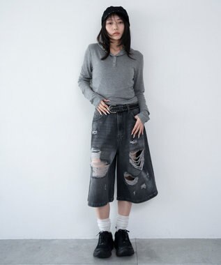 WEGO ヘンリーネックフードロンT 杢グレー