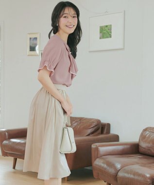 Tiaclasse L 配色パイピングボウタイブラウス ピンク