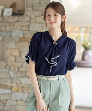 Tiaclasse L 配色パイピングボウタイブラウス ネイビー