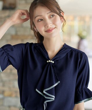 Tiaclasse L 配色パイピングボウタイブラウス ネイビー