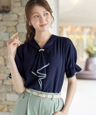 Tiaclasse L 配色パイピングボウタイブラウス ネイビー