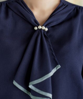 Tiaclasse L 配色パイピングボウタイブラウス ネイビー