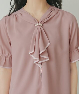 Tiaclasse L 配色パイピングボウタイブラウス ピンク