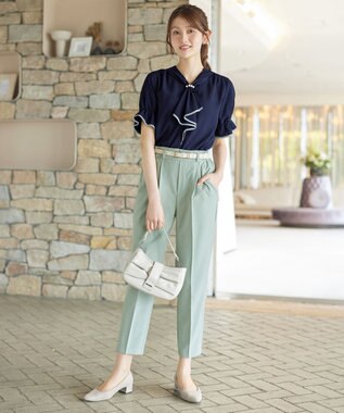 Tiaclasse L 配色パイピングボウタイブラウス ネイビー