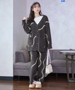 Tiaclasse ふわもちニュアンス配色ニットパンツ チャコールグレー