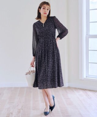 Tiaclasse 【洗える】花柄シフォン袖ワンピース チャコールグレー