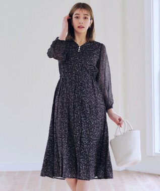 Tiaclasse 【洗える】花柄シフォン袖ワンピース チャコールグレー