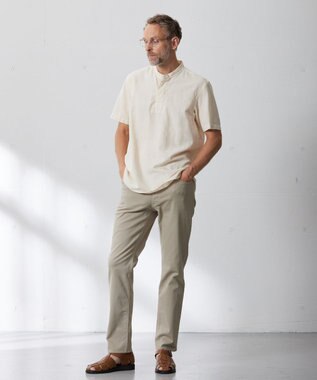 J.PRESS MEN 【HYBRID LINEN】ドビーストライプ バンドカラーラガーシャツ ベージュ系