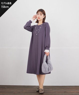 Tiaclasse L コットンレースドッキングカットソーワンピース チャコールグレー