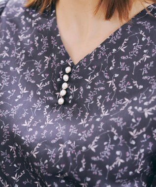 Tiaclasse 【洗える】花柄シフォン袖ワンピース チャコールグレー