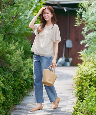 Tiaclasse 【洗える】チェック柄ハンカチスリーブブラウス ベージュ