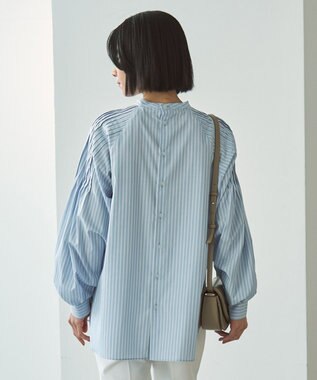 UNFILO ショルダータック ブラウス スカイブルーストライプ