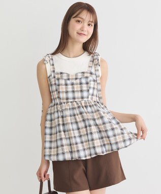 earth music&ecology チェックパターンバルーンキャミビスチェ Grayish Blue