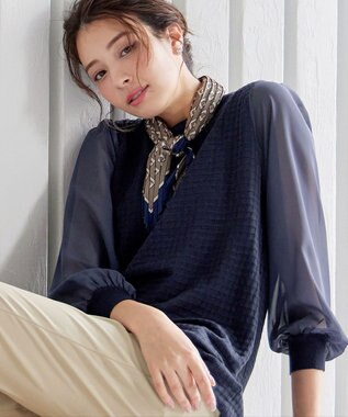 Tiaclasse L 【新色追加・洗える】シアーチェック柄ニットチュニック ネイビー