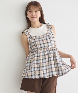 earth music&ecology チェックパターンバルーンキャミビスチェ Grayish Blue