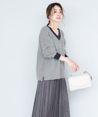 Tiaclasse L 【洗える】表情豊かなメランジニットVネックトップス グレー×ネイビー