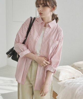 WEGO 【ANGIE VINTAGE】スカーフ付きオーバーサイズストライプシャツ ピンクソノタ