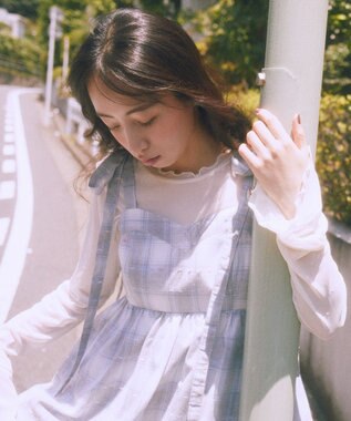 earth music&ecology チェックパターンバルーンキャミビスチェ Grayish Blue